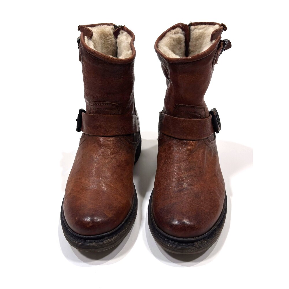 Frye Leather Brown Ankle Boots Shearling Lined Double Strap Zipper Moto - Size 7 - Picture 4 of 8